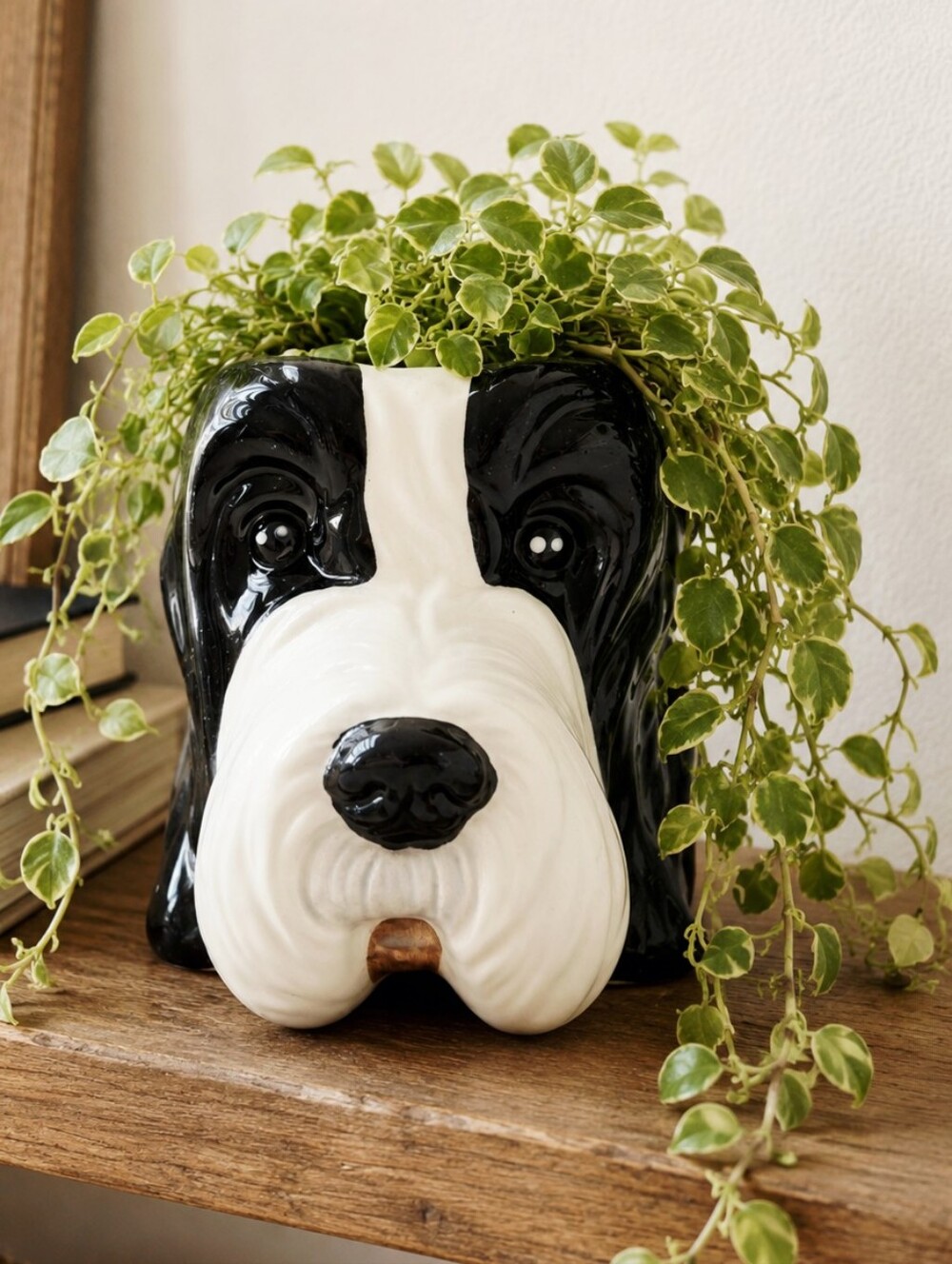 Ceramic Black & White Dog Head Planter